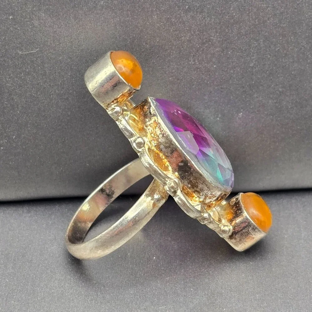 925 Silver-Plated Ring Size 7.5 VTG Glass Teardrop & Amber Cabochon Statement - Picture 8 of 14